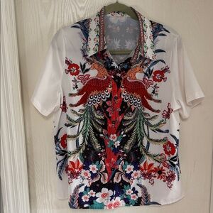 Elegant Women's Floral Blouse with Red and Blue Accents